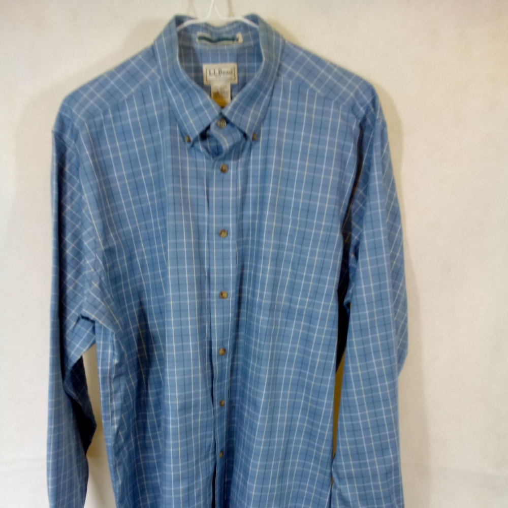 Mens LL Bean L/S  Blue Plaid Button Down Shirt
